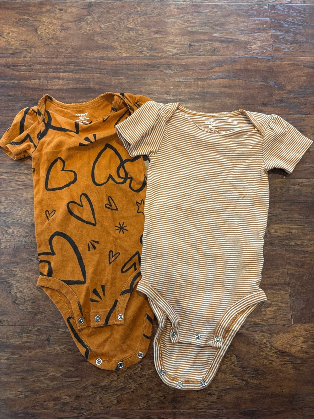 Carter's Rust Heart Print & Tan Striped Short-Sleeve One-Pieces